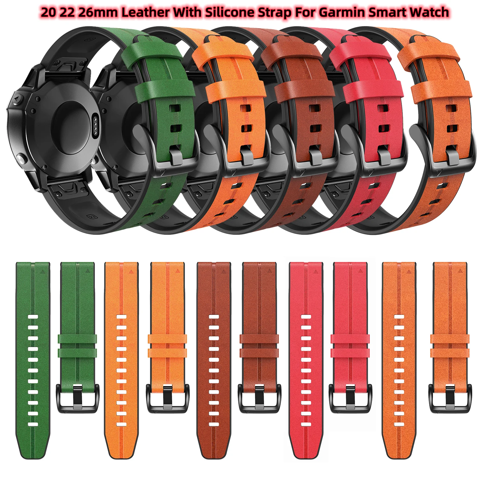 22 26mm Leather Strap For Garmin Fenix5 5X Plus 6 6X Pro 7 7X 3 3HR Instinct Quick Release Watch Band Silicone Bracelet