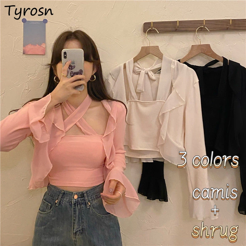 

Neck-mounted Camisole Sets Women Flare Sleeve Shrugs Criss-Cross Slim Sexy Sweet Ladies Crop Folds Summer Design BF Breathable
