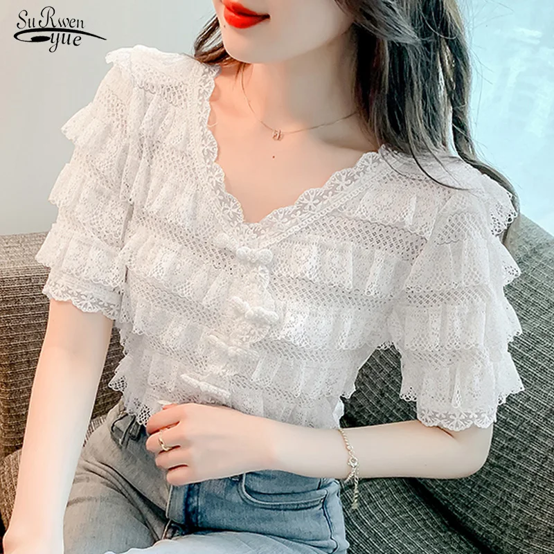 

Korean Style V-neck Pleated Tops Short Sleeve Loose Chiffon Shirts Fashion New Ruffle Stitching Elegant Lace Blouse Blusas 20049