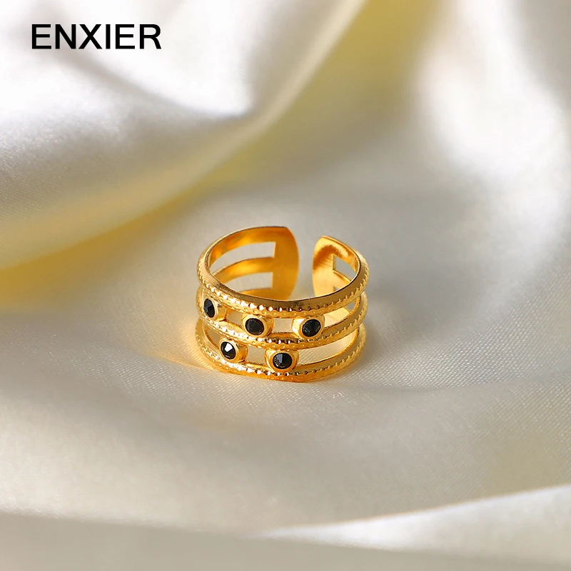 

ENXIER Black Zircon Gold Color Open Ring For Women Men 316L Stainless Steel Vintage Female Ring Jewelry