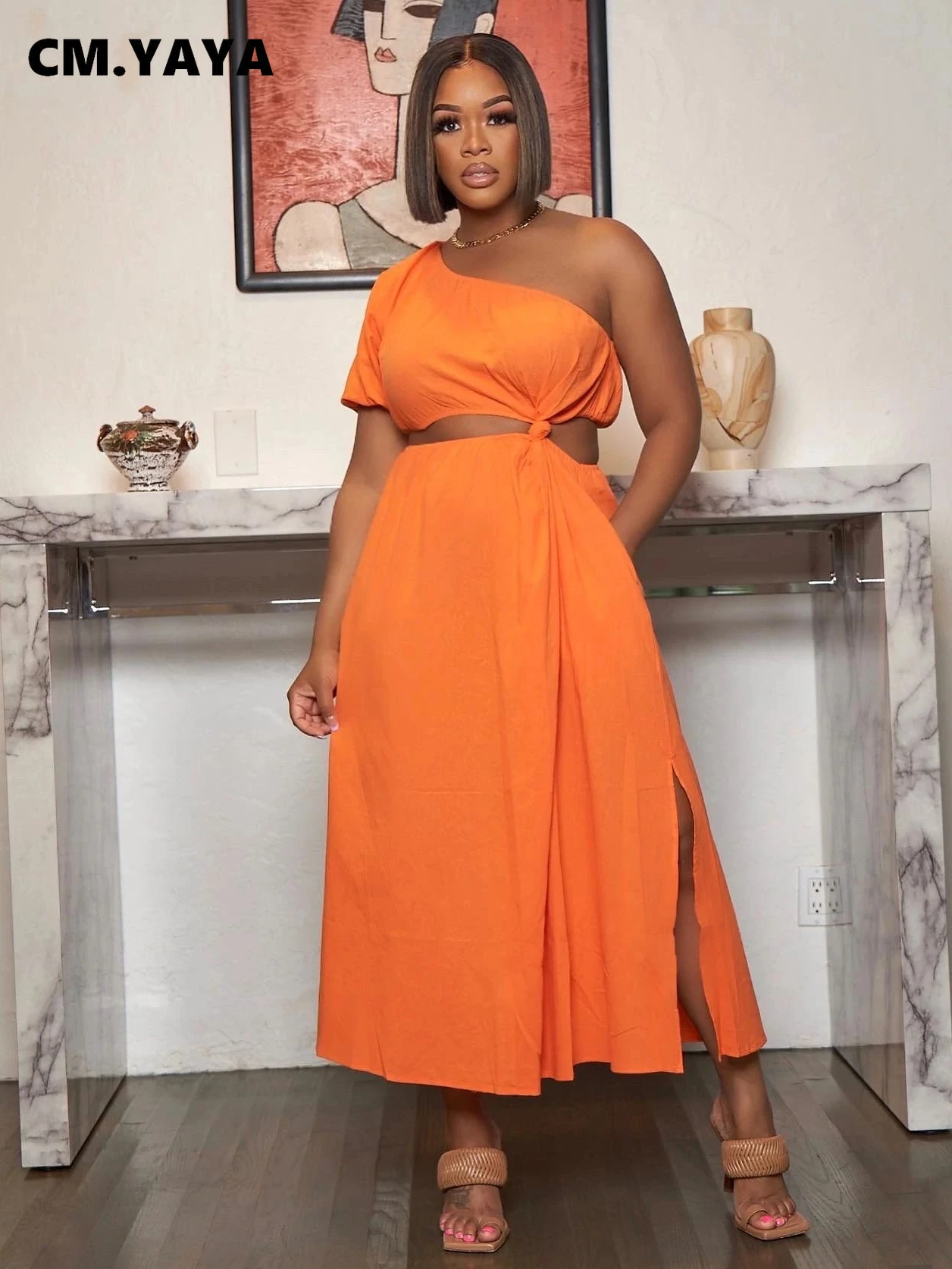 

CM.YAYA Cutout Waist High Side Split One Shoulder Skew Neck Maxi Long Dress for Women 2022 Streetwear Elegant Chic INS Sundress