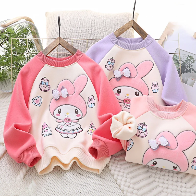 

Sanrioed Children's Clothing Winter My Melody Velvet Sweatshirt Cartoon Bow Kawaii Color Block Sleeve Cotton Round Neck Warm Hot
