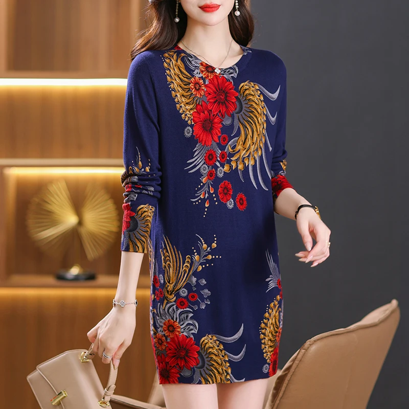 

Print Sweater Dresses Autumn Spring Knitwears Womens Clothing Long Sleeve Pull Femme Pullover Slim Soft Sweaters For Women