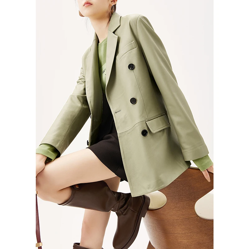 New 2022 Sheepskin Leather Jacket Women  Double Breasted  Streetwear  Pockets  Autumn/Winter  Genuine Leather Jacket