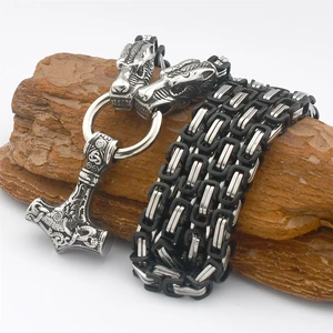 Viking Stainless Steel Thors Hammer Pendant Titanium Steel Wolf Head Chain Necklace Nordic Mens Necklace