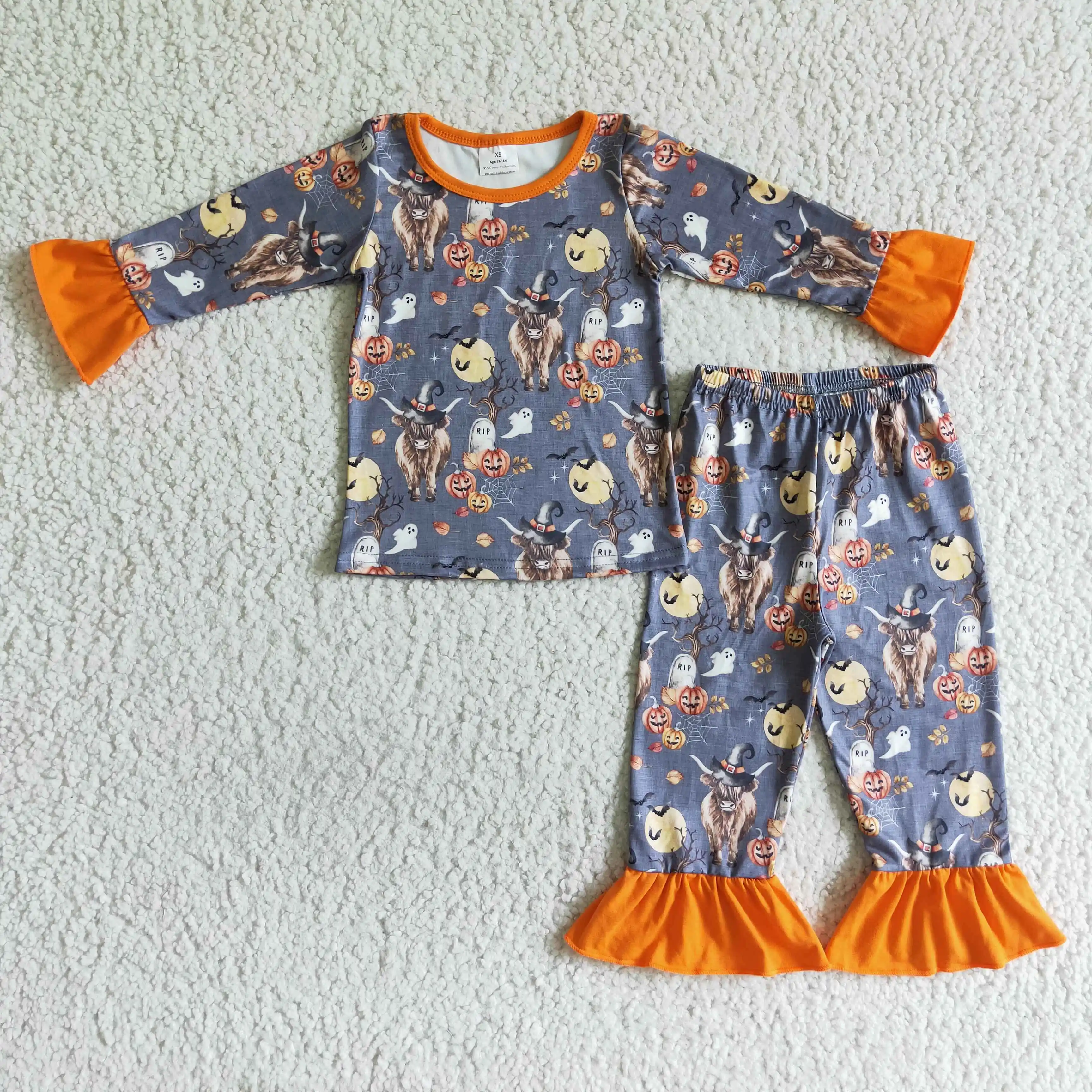 

Wholesale halloween girl ruffle pajamas pumpkin grimace toddler girl fall outfits
