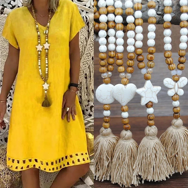 

Vintage Bohemian Handmade Nature Pine Stones Tassels Wood Beads Long Necklace Sweater Chain Women Wedding Party Jewelry Gifts