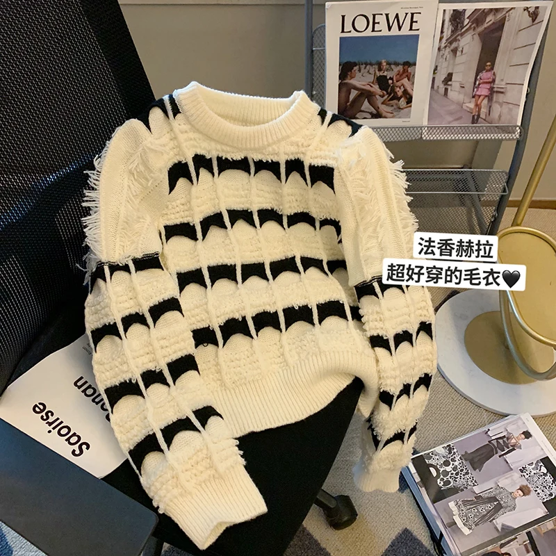 

Autumn Winter Tassel Long Sleeve Pullovers New Chic Fashion Women O Neck Gear Grain Hit Color White Thick Short Sweater Jumper