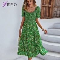 2022 new spring summer dresses long print dress women casual bohemian short sleeve high waist flroal dresses for ladies leisure