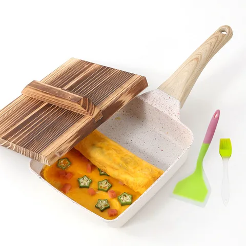 Жареная непригорающая японская омлет, тамагояки, сковорода с деревянной крышкой, газовая плита и индукционная плита, кухонная посуда