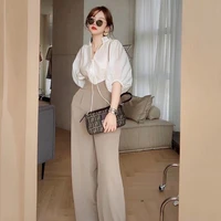 new womens casual solid suit summer high end professional short sleeved shirt wide leg pants two piece elegant fashion suit xl