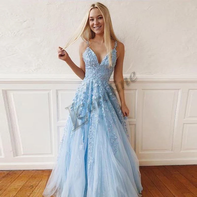 

Caroline Blue Sweetheart Evening Dress V-neck Spaghetti Strap Appliques Floor Length Abendkleider Prom Gowns Party Custom Made