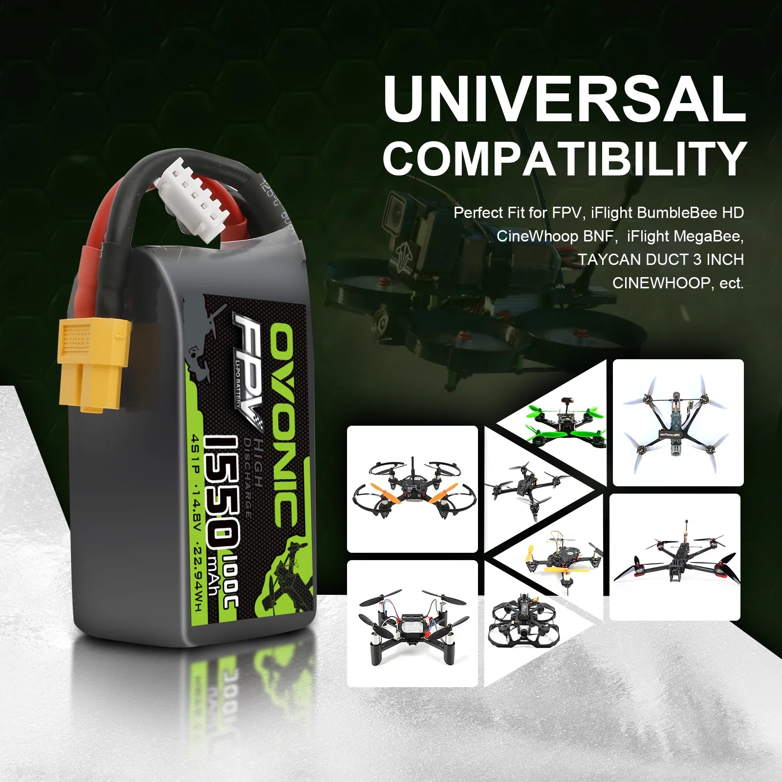 2 упаковки Ovonic 4s Lipo Battery 100C 1550 мАч 14 8 В с разъемом XT60 для RC FPV Racing Drone Quadcopter