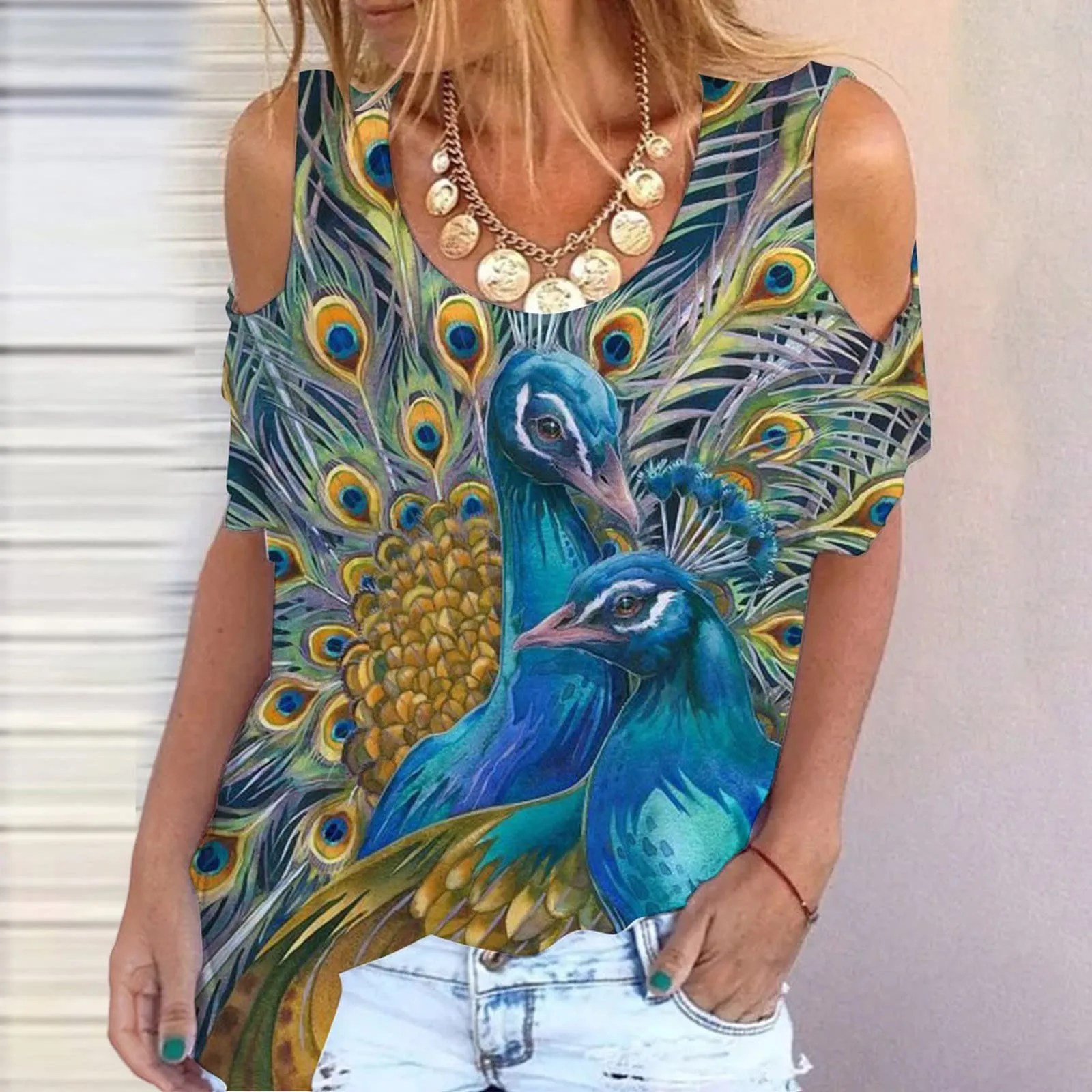 

Летние винтажные футболки с открытыми плечами, женские топы, рубашки с коротким рукавом и принтом, блузка, повседневные футболки с круглым в...