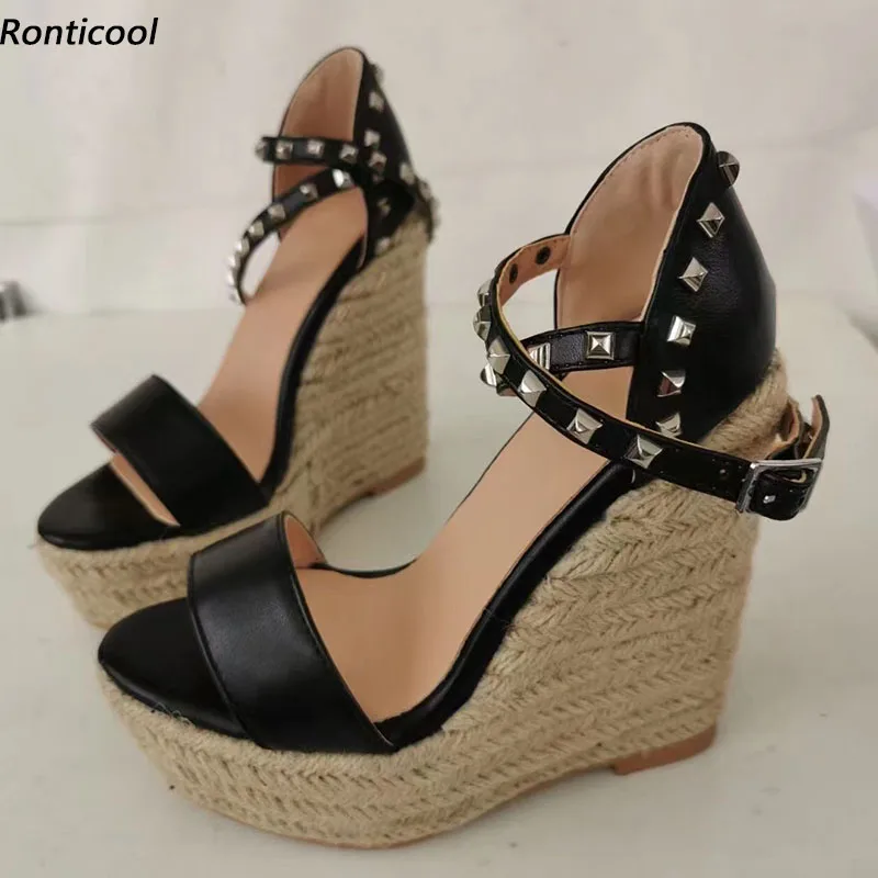 

Ronticool New Handmade Women Summer Sandals Studded Wedges Heels Round Toe Elegant Black Party Shoes Ladies US Size 5-20