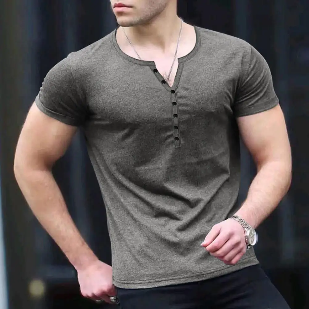 

Fashion Men T-shirt Buttons Neckline Skin-touching Summer Casual Pullover T-Shirt Quick Drying Male Undershirt Streetwear