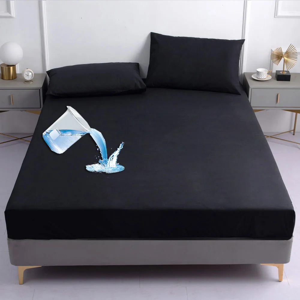Yaapeet 1Pc Black Color Bed Cover Waterproof Queen King Size Elastic Fitted Bed Sheet Solid Color colcha cama 90(No Pillowcase)