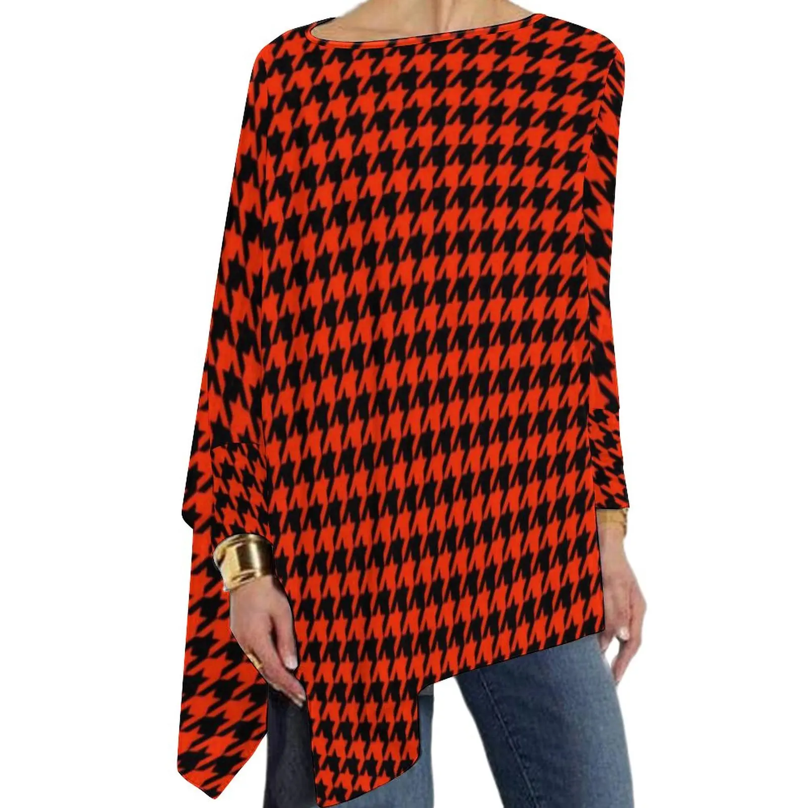 

Black Red Houndstooth T-Shirt Vintage Print Elegant Long-Sleeve T-Shirts Street Style Big Size Tees Female Design Clothes Gift