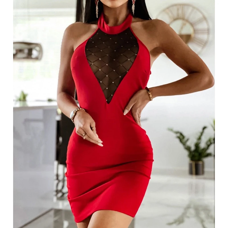 

Y2K модное очаровательное женское платье для вечерние, вешалка для шеи, прозрачное лоскутное платье с открытой спиной без рукавов, облегающе...