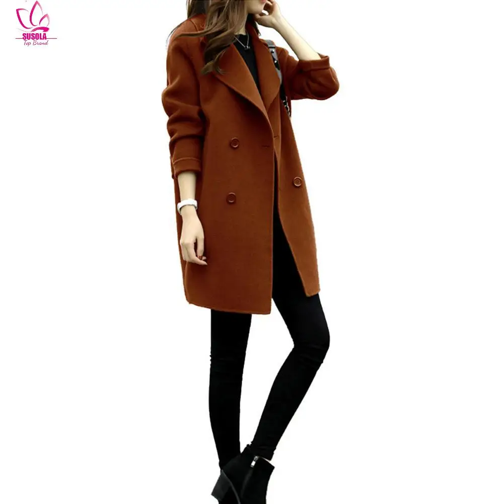

Женская двубортная куртка средней длины SUSOLA, однотонная шерстяная Верхняя одежда с отложным воротником и пуговицами, Осень-зима