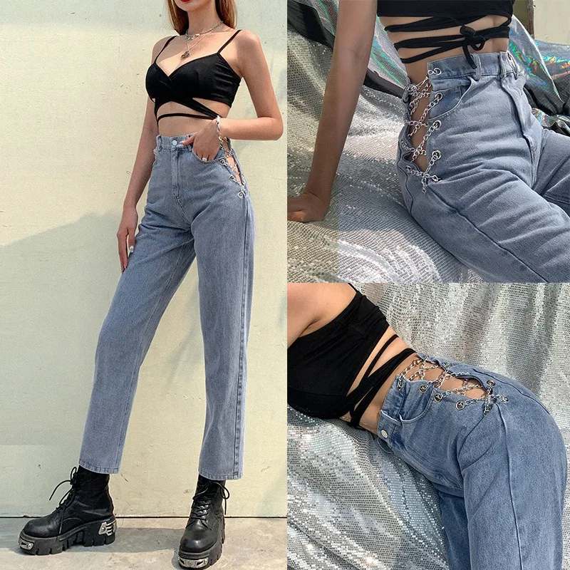 

Harajuku High Waist Hollow Out Chain Design Slim Jeans Women Streetwear Commute Straight Pants