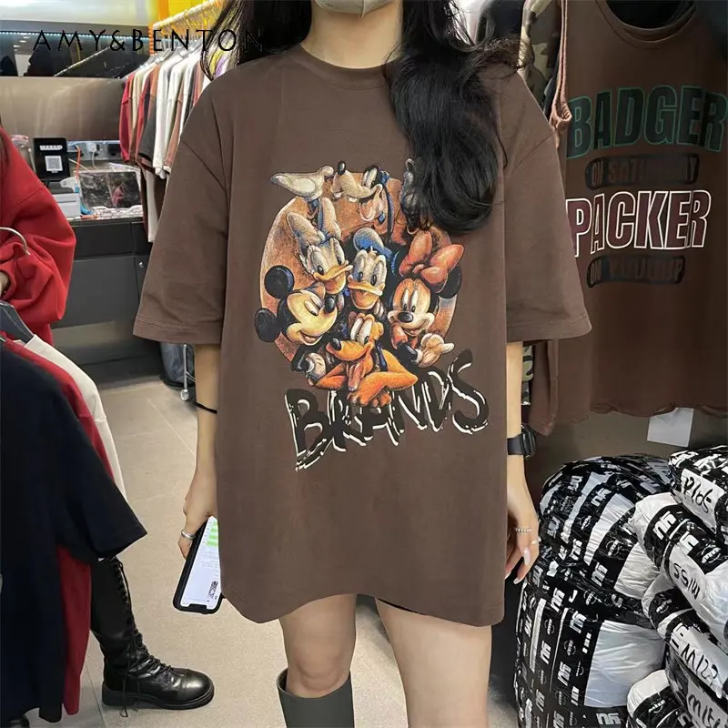 

Winter New Versatile Casual Printed Cartoon Letter T-shirt Top for Ladies Casual Mid-Length Loose Round Neck Top for Women