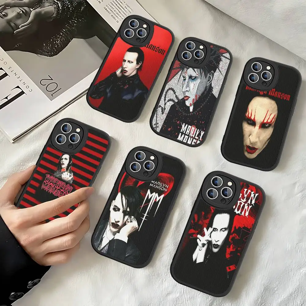 Фото Кожаный чехол для телефона Singer M-Marilyn M-Manson для iPhone 16 15 14 16E 13 12 11 Pro Max Plus №1