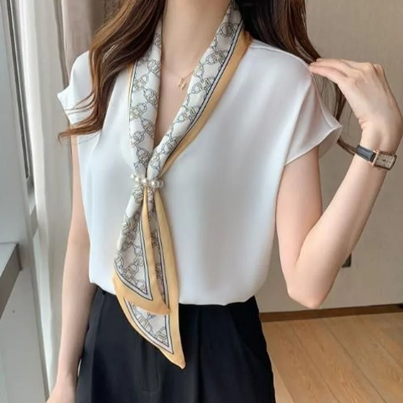 

Summer Fashion Commute Printed Scarf Collar Spliced Shirt Women's Clothing Korean Simplicity Spliced Short Sleeve Blouse Female