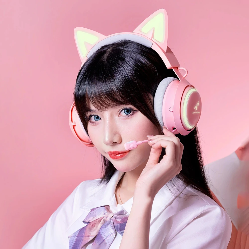 

Pink Cat Ear Headphones with RGB LED Light Flexible Mic Gaming Headset RGB Helmets Stereo Music Earphone for PC Gamer Girls Gift
