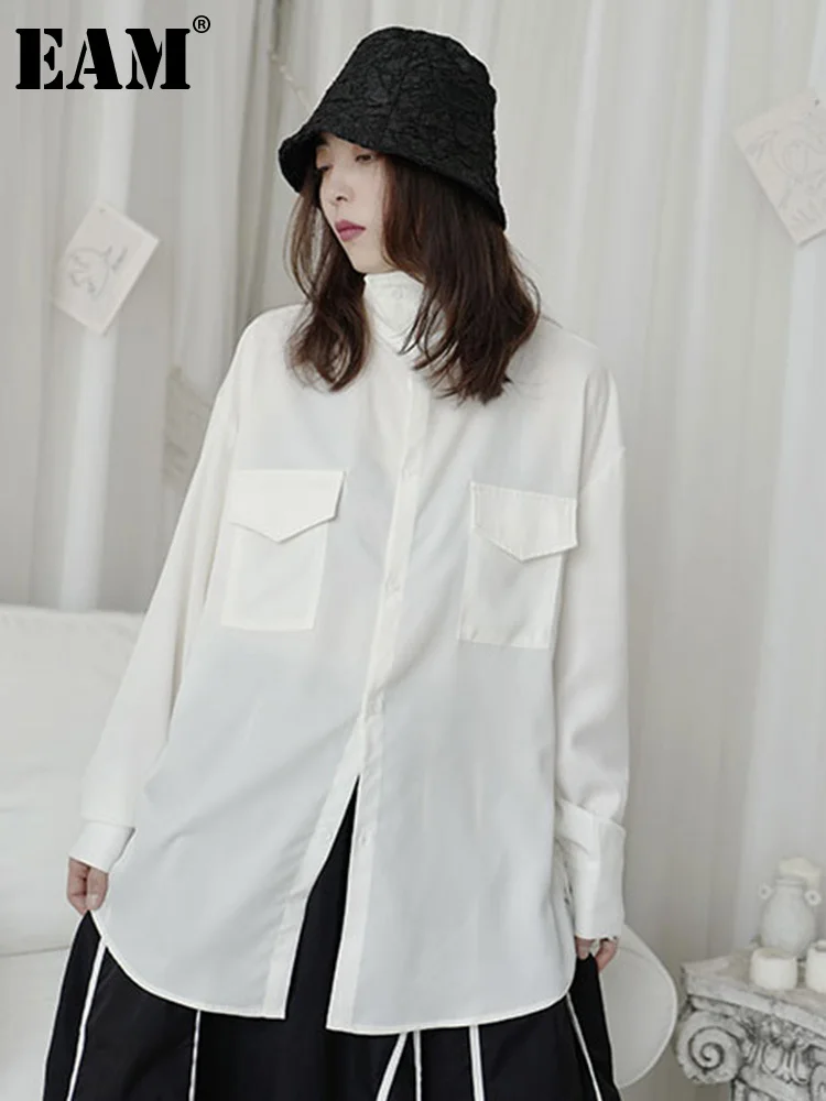 

[EAM] Women Black Pockets Big Size Casual Blouse New Stand Collar Long Sleeve Loose Fit Shirt Fashion Spring Autumn 2023 1DF4259