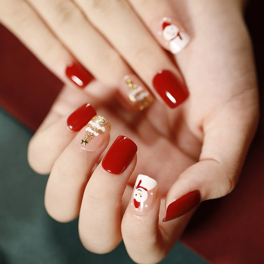 

Christmas Nail Art 24pcs Square Short Press On Nails Red Reusable Full Cover False Nail Tips Holiday Nails