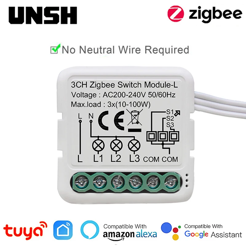 

Tuya ZigBee 3.0 Smart Light Switch Module No Neutral Wire Required Smart DIY Breaker Works with Alexa Google Home Yandex Alice