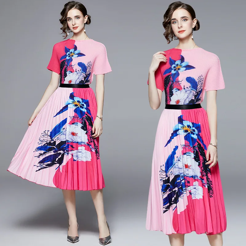 

Miyake Pleated Suit Women 2022 Summer Gradient Color Printed Loose Top Women's High Waist Two-Piece Overskirt Suit Skirt Sets