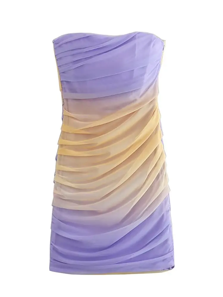 

ZXQJ 2023 Women Fashion Printed Draped Tulle Mini Dress Sexy Sleeveless With Lining Female Dresses Vestidos Mujer