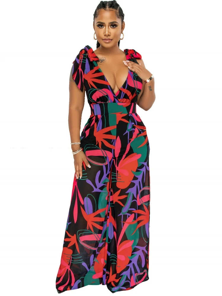 

Комбинезон женский с цветочным принтом, свободный ромпер с V-образным вырезом, Клубные брюки с широкими штанинами, лето