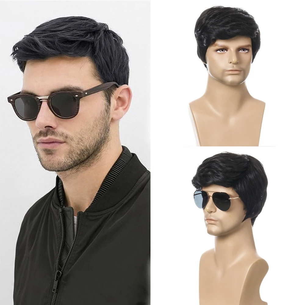 Мужские короткие черные синтетические парики для мужчин парик повседневного