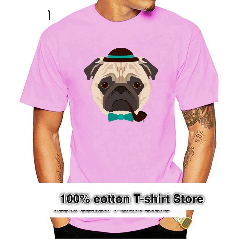 

Newest 2019 Men Fashion Mr Pug with Pipe Bowler Hat and Bow Tie Mens T-Shirt Hot Tee Shirt