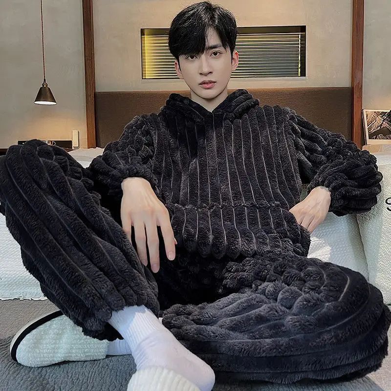 Men's Pajama Suit 2022 Winter Fashion High-end Hooded Warm Flannel Sleepwear Homewear Male Loose Pijamas Trousers Two-piece Set