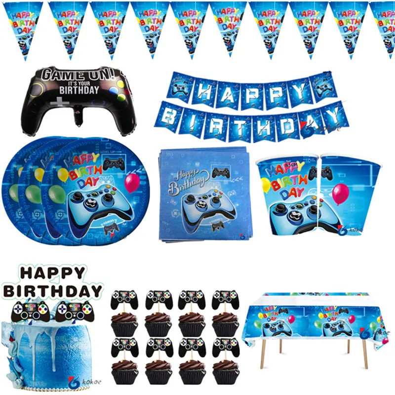 

Одноразовая посуда и украшения для дня рождения с синей тематикой, игровая видеоигра, праздничная бумажная тарелка, чашка