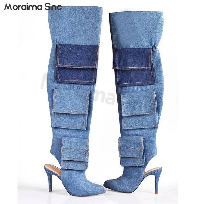 

Classic Distressed Denim Color-Block Boots Sexy Pointed Toe Slingback Over-The-Knee Boots Stiletto Catwalk Stage Fashion Boots