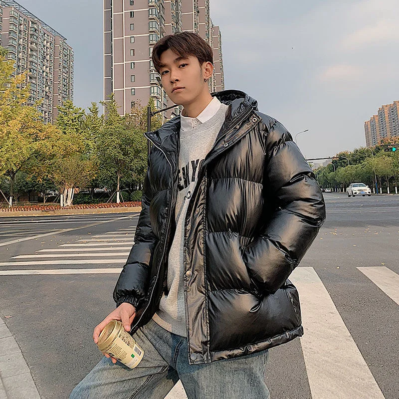Winter Jacket Men Warm Fashion Casual Silver/Black Thick Down Jacket Men Streetwear Loose Short Coat Men Shiny Hooded Parker