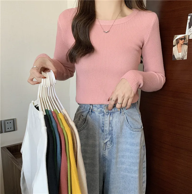 

2022 New Arrivals Long Sleeve Sweater Women Pullover Solid Black White Knitted Sweaters O-neck Basic lady Office Bottoming Tops