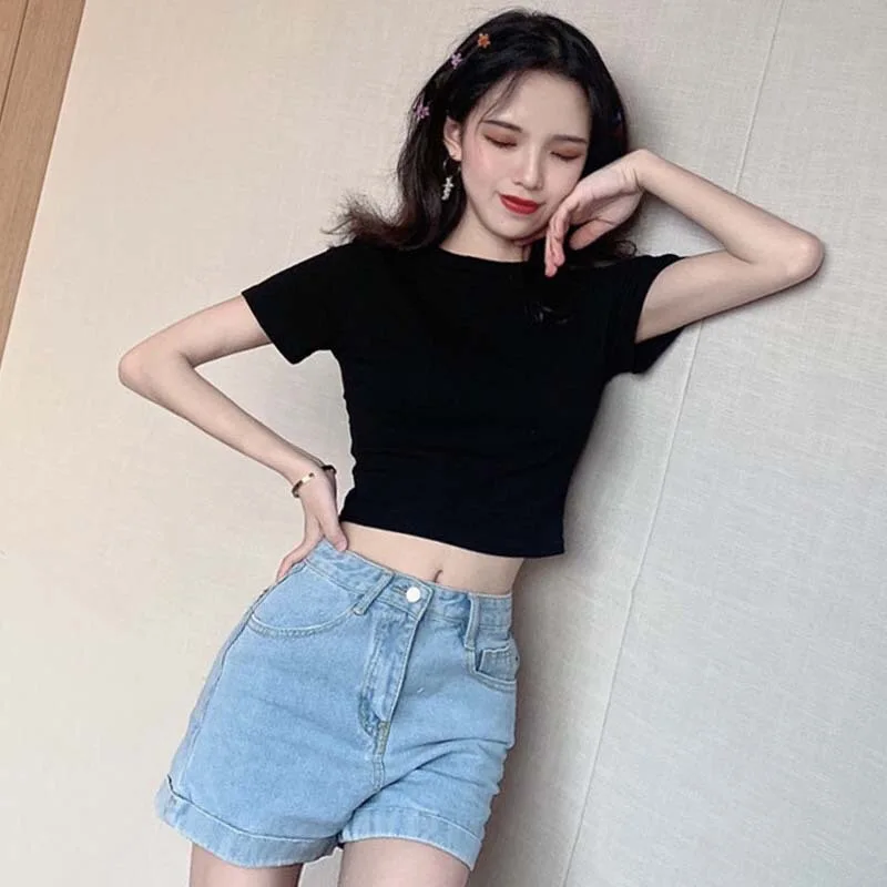 W2731 -2021 summer new Korean short bottoming shirt net red slim slimming solid color short-sleeved T-shirt female