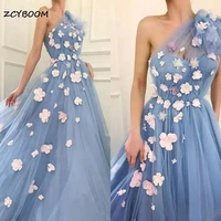 elegant blue one shoulder tulle long prom dresses with handmade 3d flowers appliques a line women party dresses robes de soir%c3%a9e