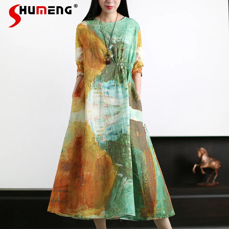 

Green Long Sleeve Long Robe Artistic Asymmetric Ramie Dresses 2022 Spring and Summer New Loose O Neck Irregular Cinched Dress