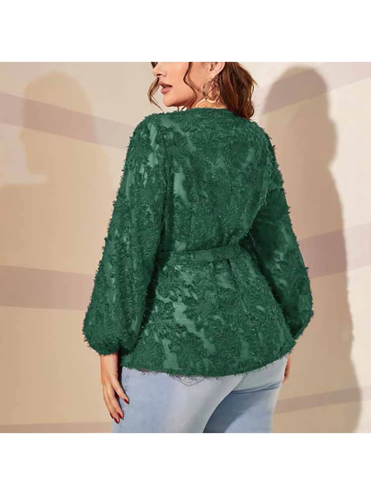Spot large women's tie bow top V-neck long-sleeved commuter loose plus size T-Shirt