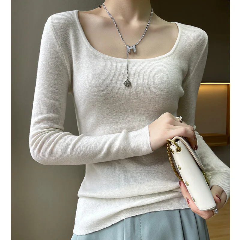 

Autumn Winter New Women's thin Worsted Pure Wool Sweater U-neck Pullover Sweater Bottoming Sweater Sweater Cashmere Sweater