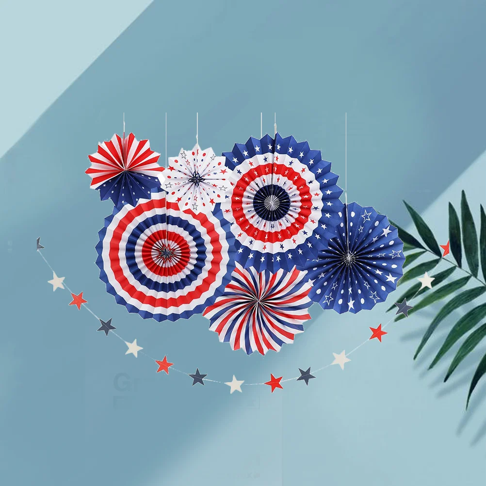 

Party Paper Fan Patriotic Poms Hanging Pom Flower Star Supplies American Independance White Blue Red Decor Set Lanterns Flag Day