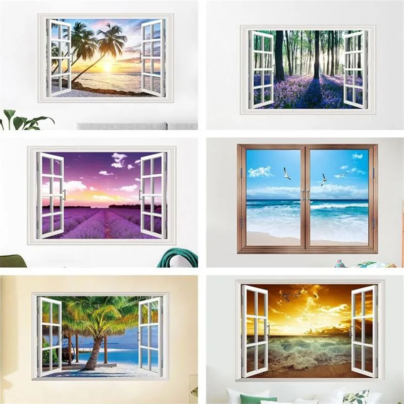 

Palm Tree Sea Beach Island 3d Window Wall Stickers for Bedroom Home Decoration Diy Scenery Wall Mural Art Landscape Pvc Decals