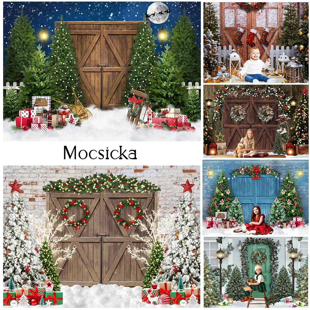 Mocsicka buon natale fotografia sfondo fiocchi di neve invernali Retro porta in legno ritratto neonato decorazione per feste a casa